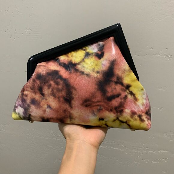 Handmade Genuine Premium Leather Tie-dye Printed Wooden Frame Bag with 2 Straps